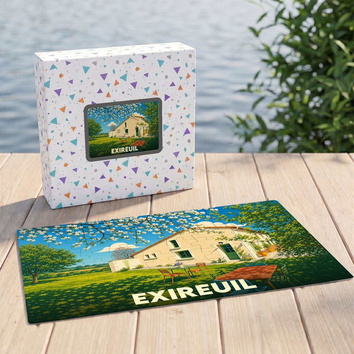 Puzzle souvenir de la ville d'Exireuil avec une illustration champêtre colorée.