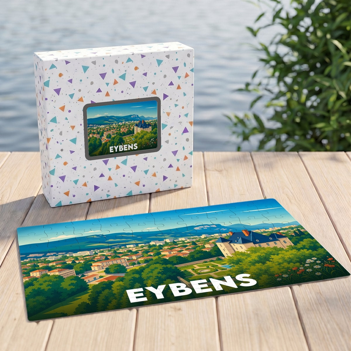 Puzzle souvenir de la ville d'Eybens présentant une illustration panoramique stylisée avec son château.