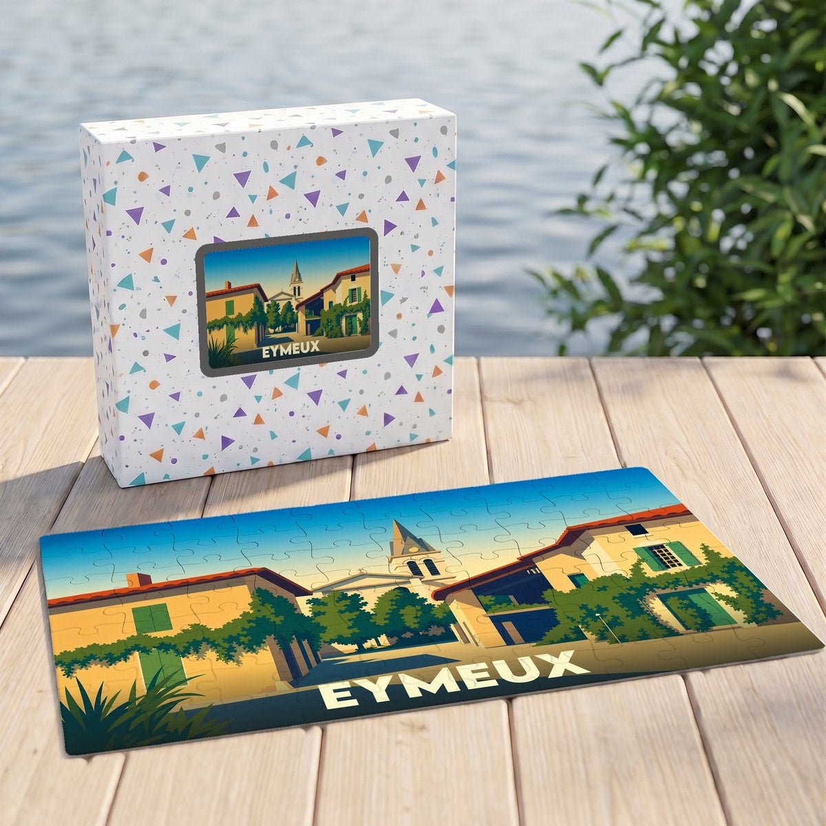 Puzzle souvenir de la ville d'Eymeux avec une illustration stylisée d'un paysage urbain.