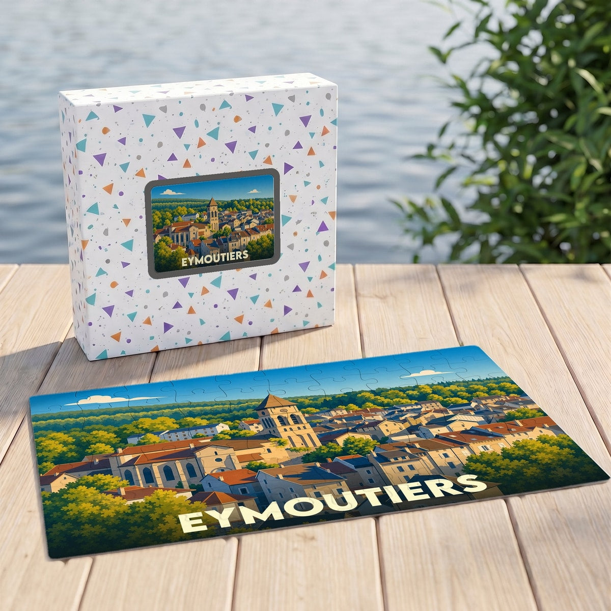 Puzzle souvenir de la ville d'Eymoutiers avec une illustration stylisée de ses paysages et de son architecture.