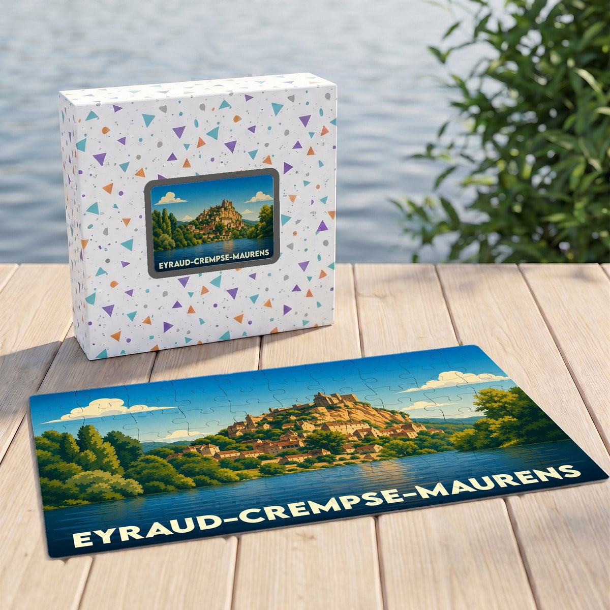 Puzzle souvenir de la ville de Eyraud-Crempse-Maurens illustrant un paysage de village perché au bord de l'eau.