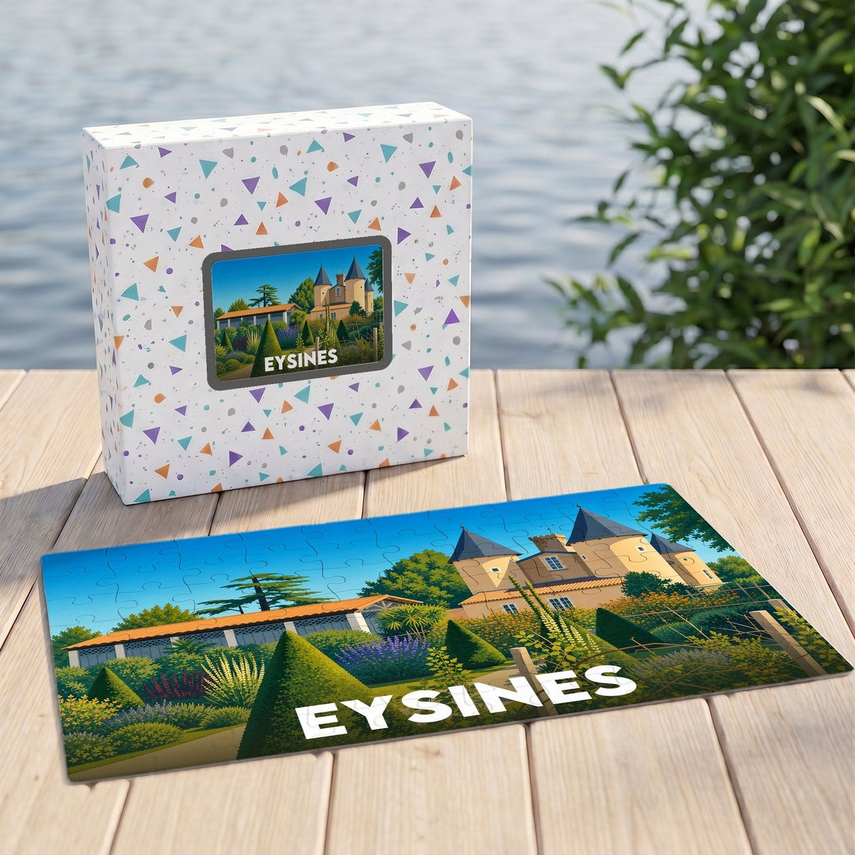 Puzzle souvenir de la ville d'Eysines représentant une illustration stylisée de son patrimoine architectural et paysager.