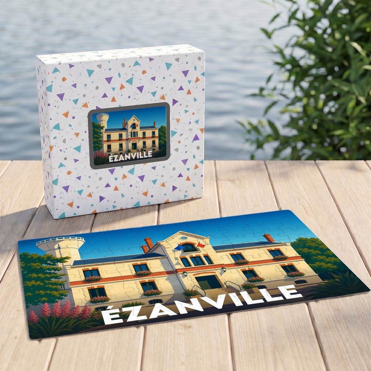 Puzzle souvenir de la ville de Ézanville illustré d'un bâtiment historique stylisé et de son nom en lettres blanches.