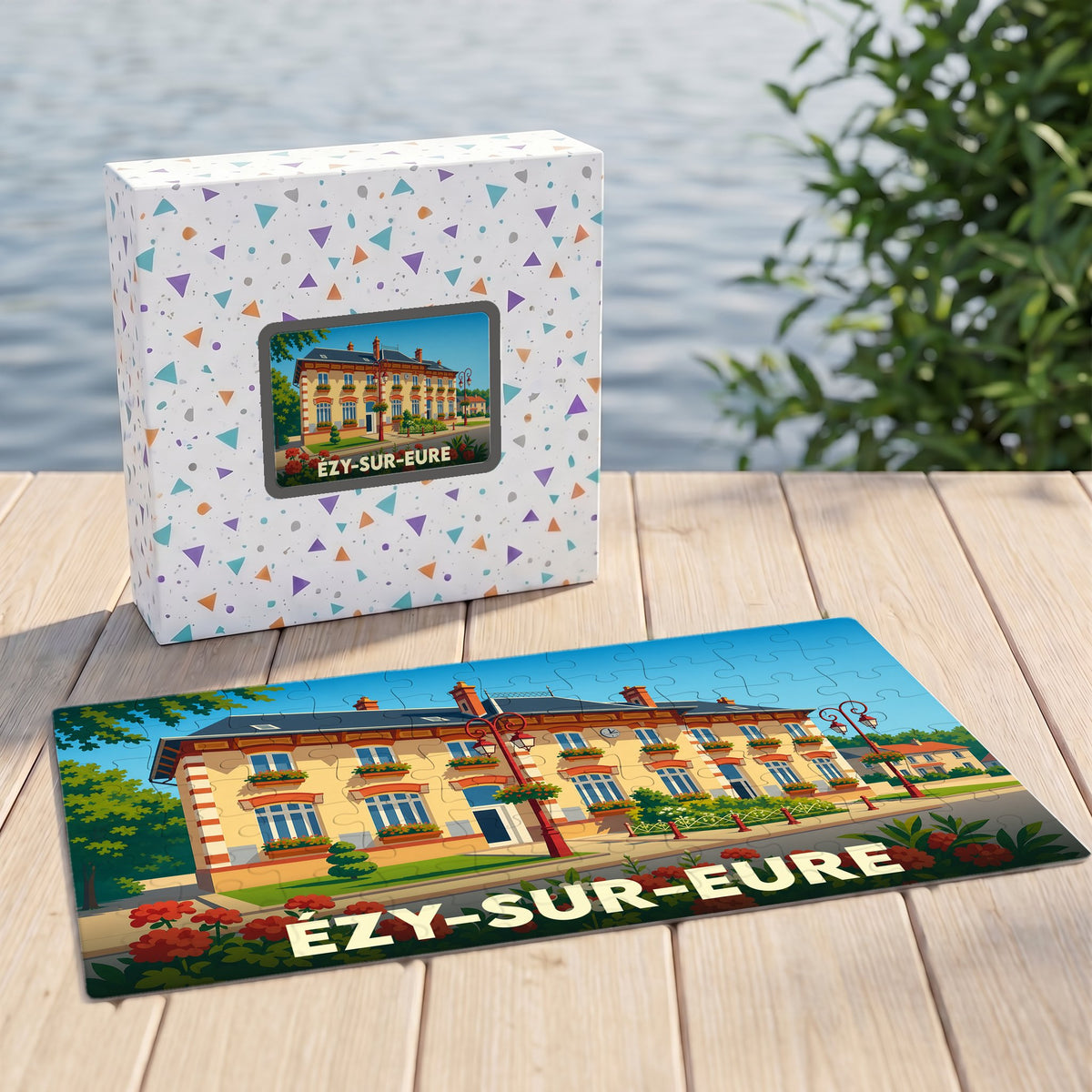 Puzzle souvenir de la ville d'Ézy-sur-Eure représentant une illustration stylisée d'un bâtiment remarquable.
