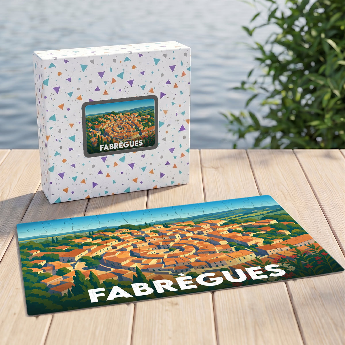 Puzzle souvenir de la ville de Fabrègues avec son illustration stylisée et sa boîte assortie.