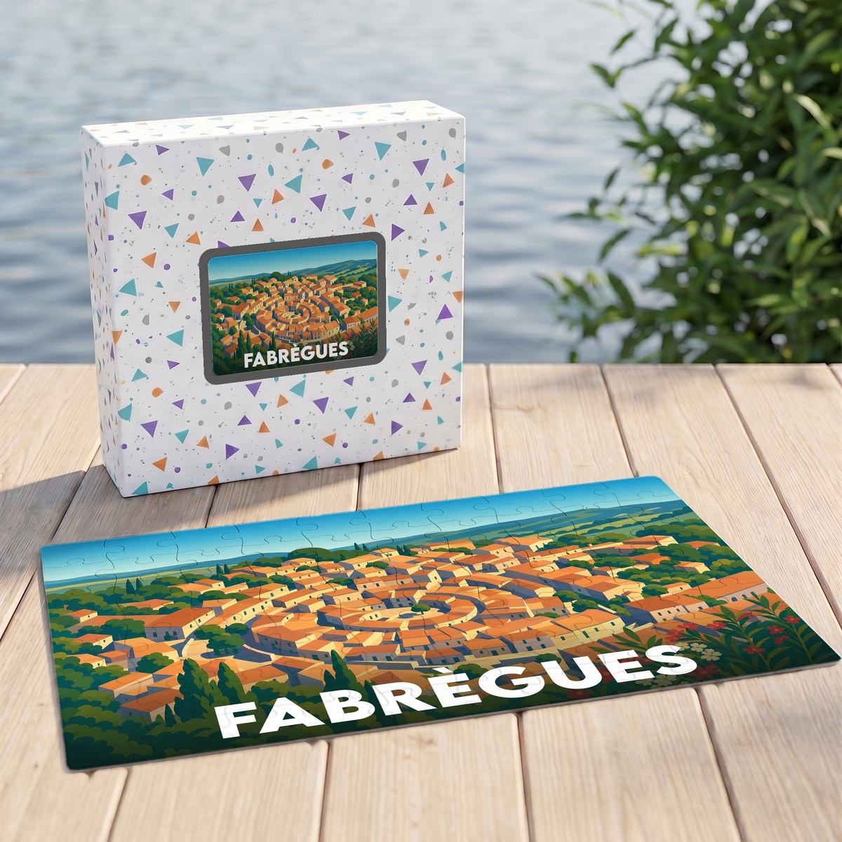 Puzzle souvenir de la ville de Fabrègues avec son illustration stylisée et sa boîte assortie.