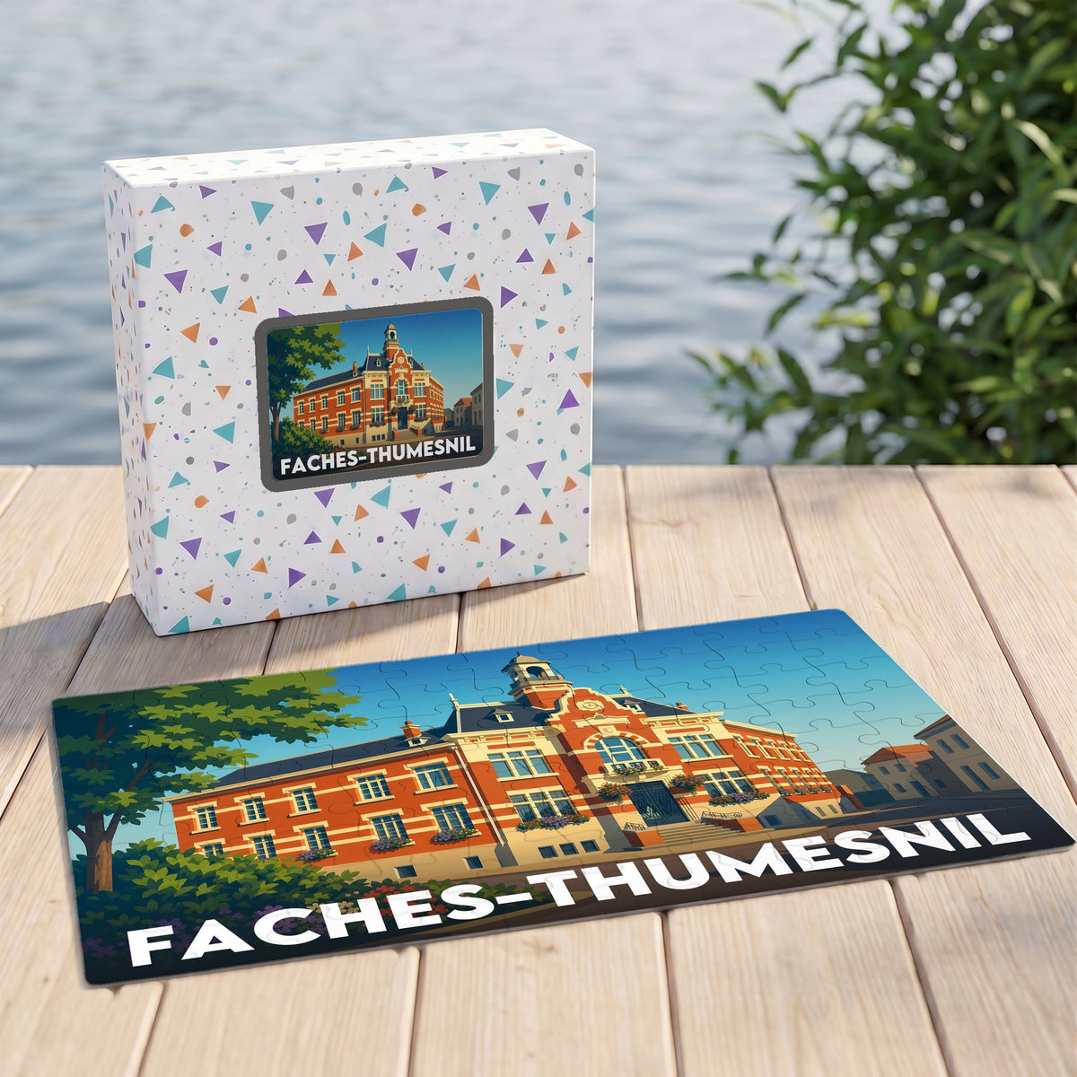 Puzzle souvenir de la ville de Faches-Thumesnil avec une illustration stylisée de son hôtel de ville.
