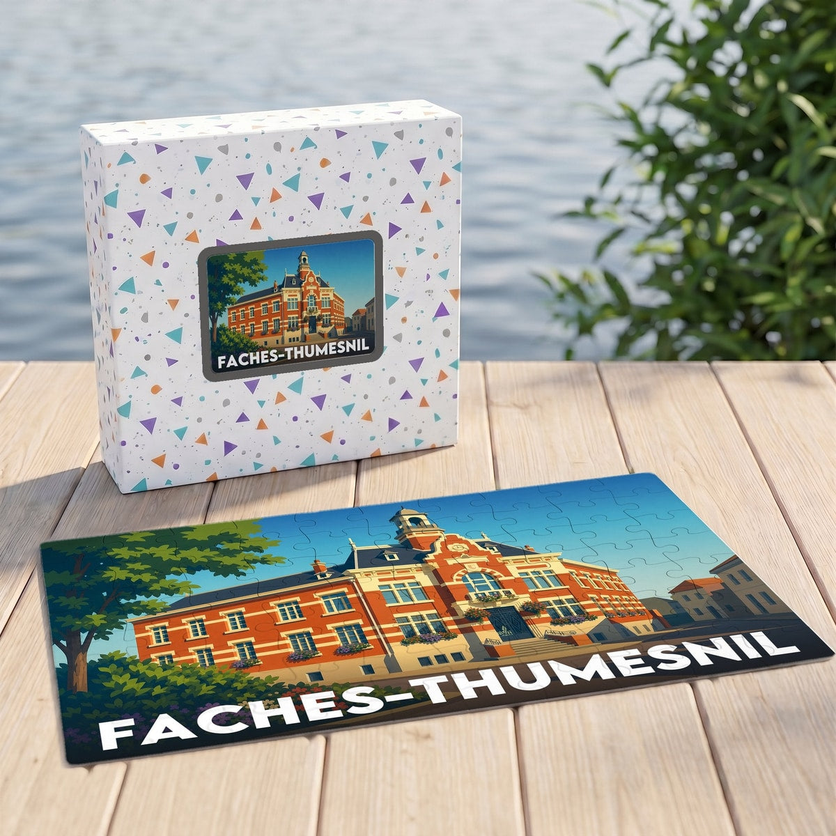 Puzzle souvenir de la ville de Faches-Thumesnil avec une illustration stylisée de son hôtel de ville.
