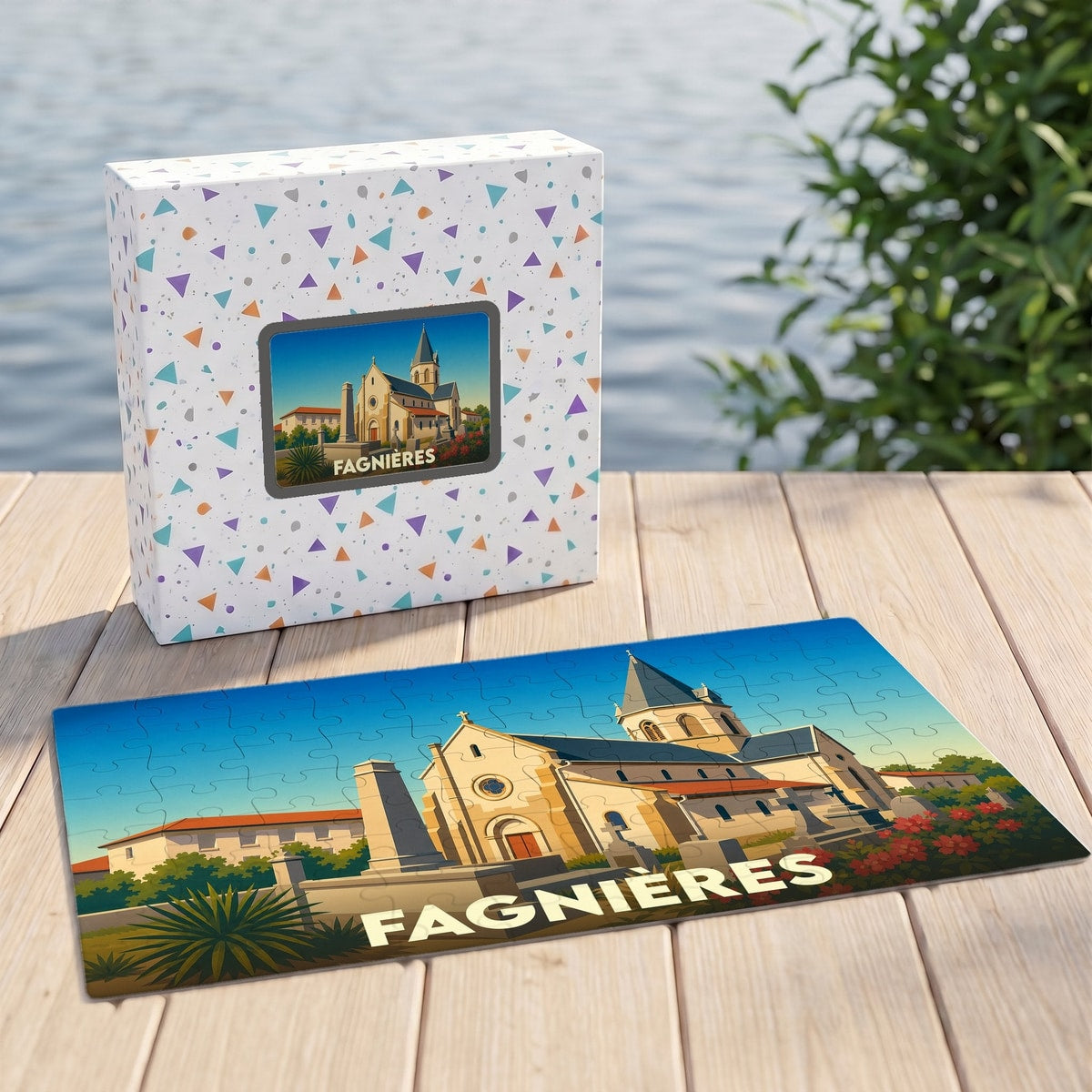 Puzzle souvenir de la ville de Fagnières avec une illustration stylisée.