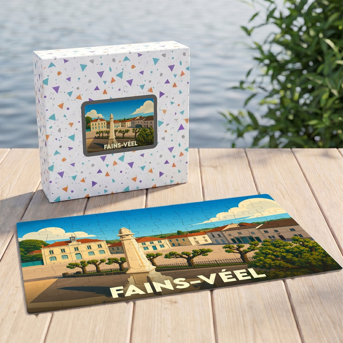 Puzzle souvenir de la ville de Fains-Véel avec une illustration stylisée d'une place ensoleillée.