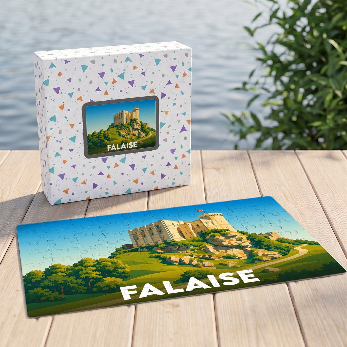 Puzzle souvenir de la ville de Falaise illustrant son château médiéval sur un promontoire rocheux.