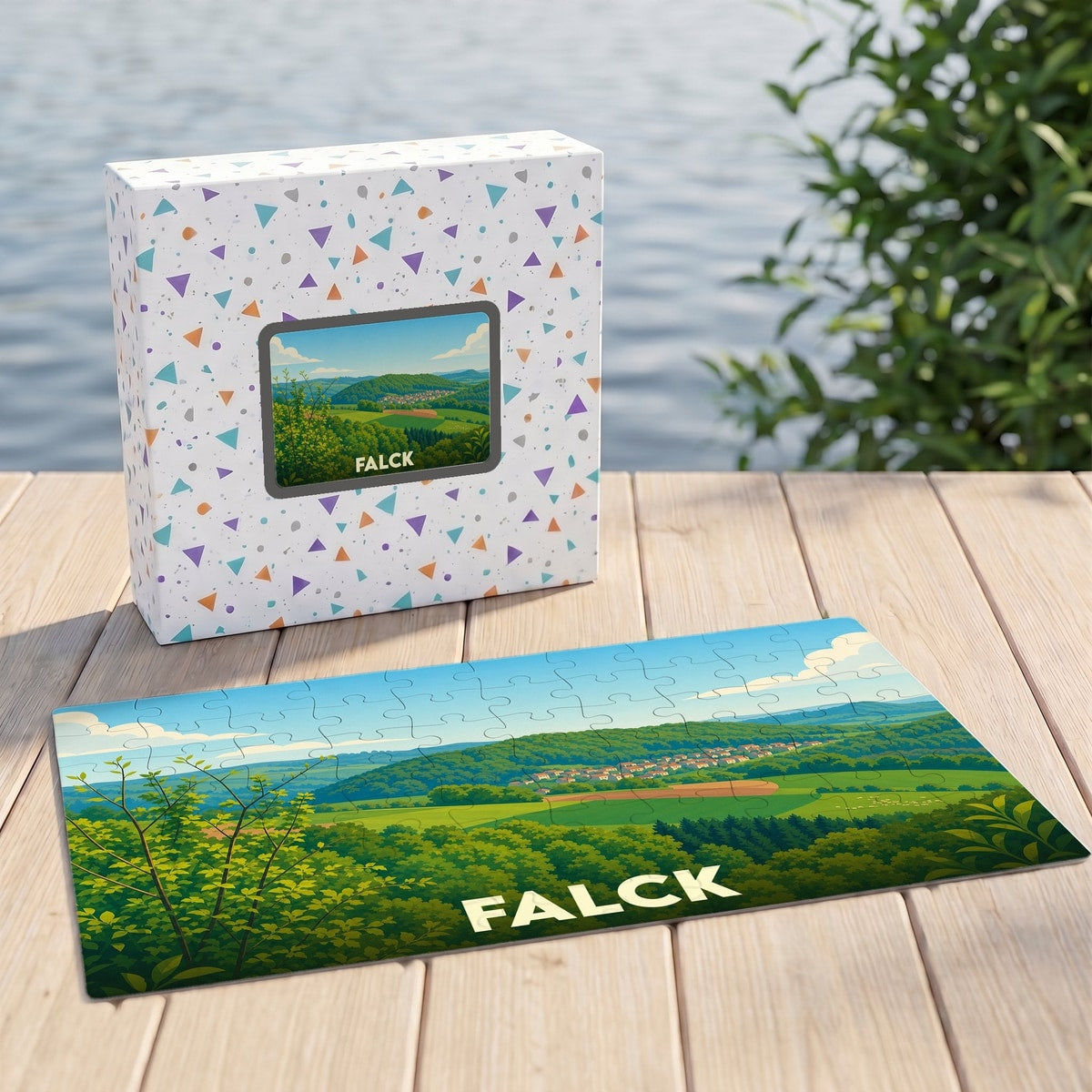 Puzzle souvenir de la ville de Falck avec une illustration paysagère stylisée.