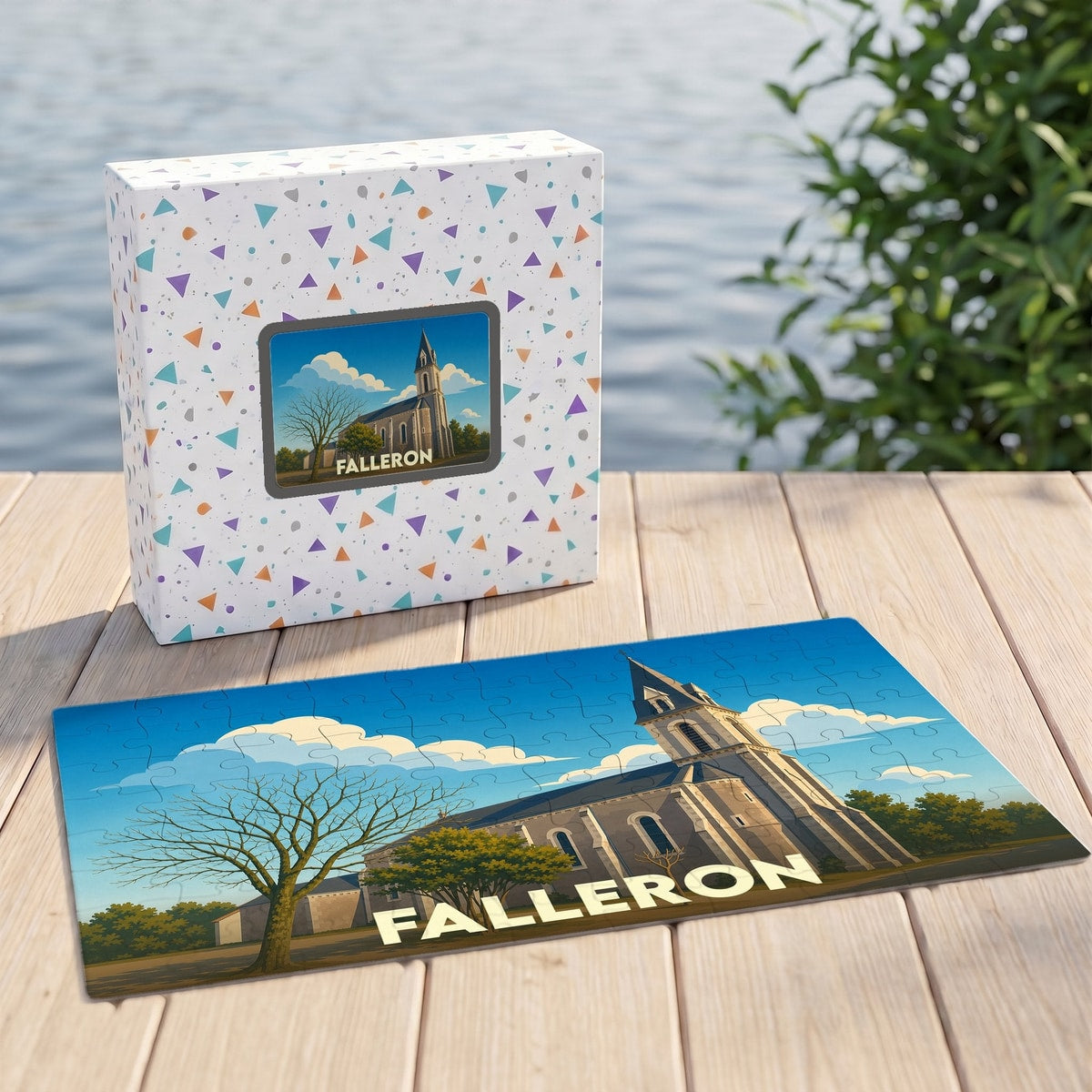 Puzzle souvenir de la ville de Falleron avec une illustration stylisée d'une église sous un ciel bleu.