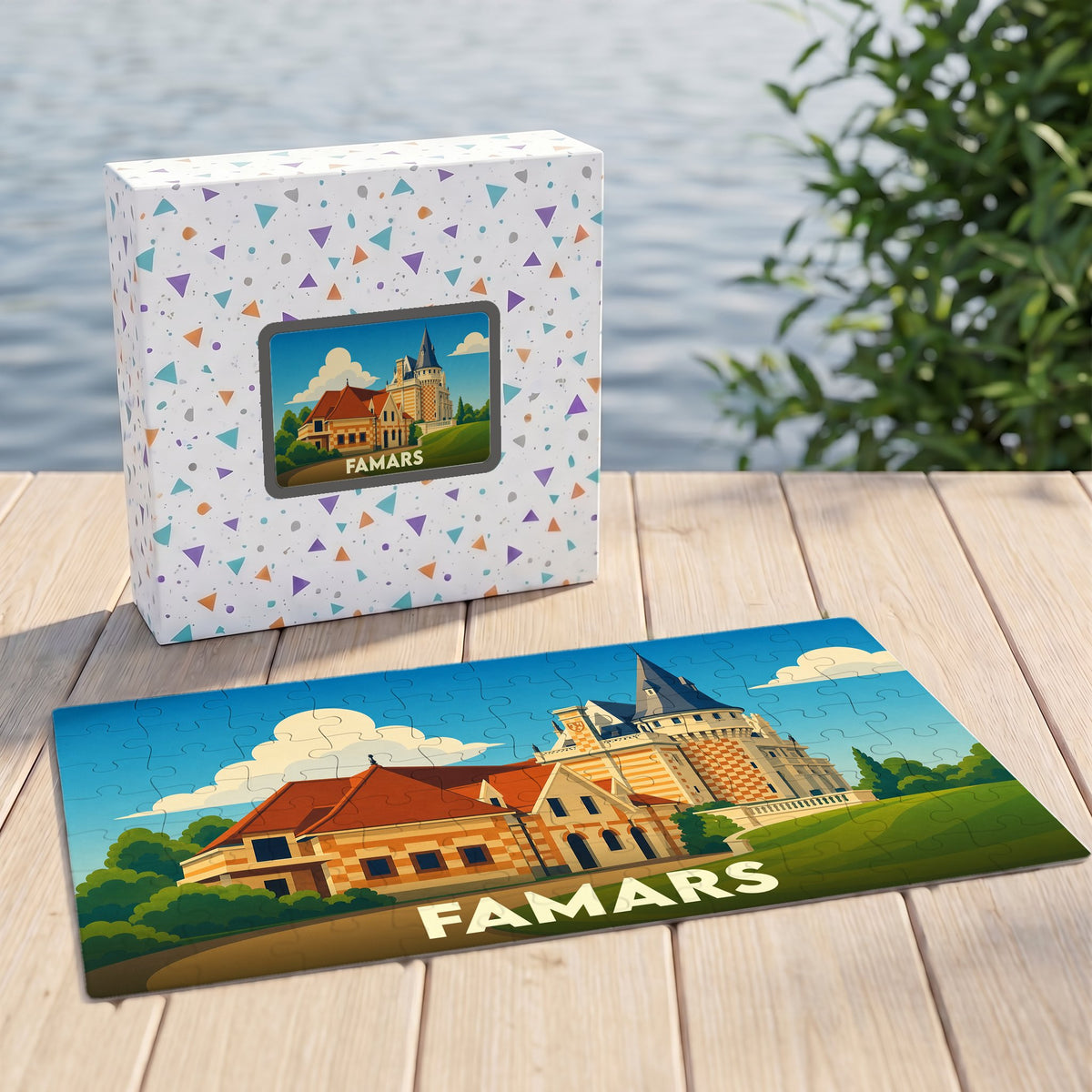 Puzzle souvenir de la ville de Famars avec une illustration stylisée d'un château.