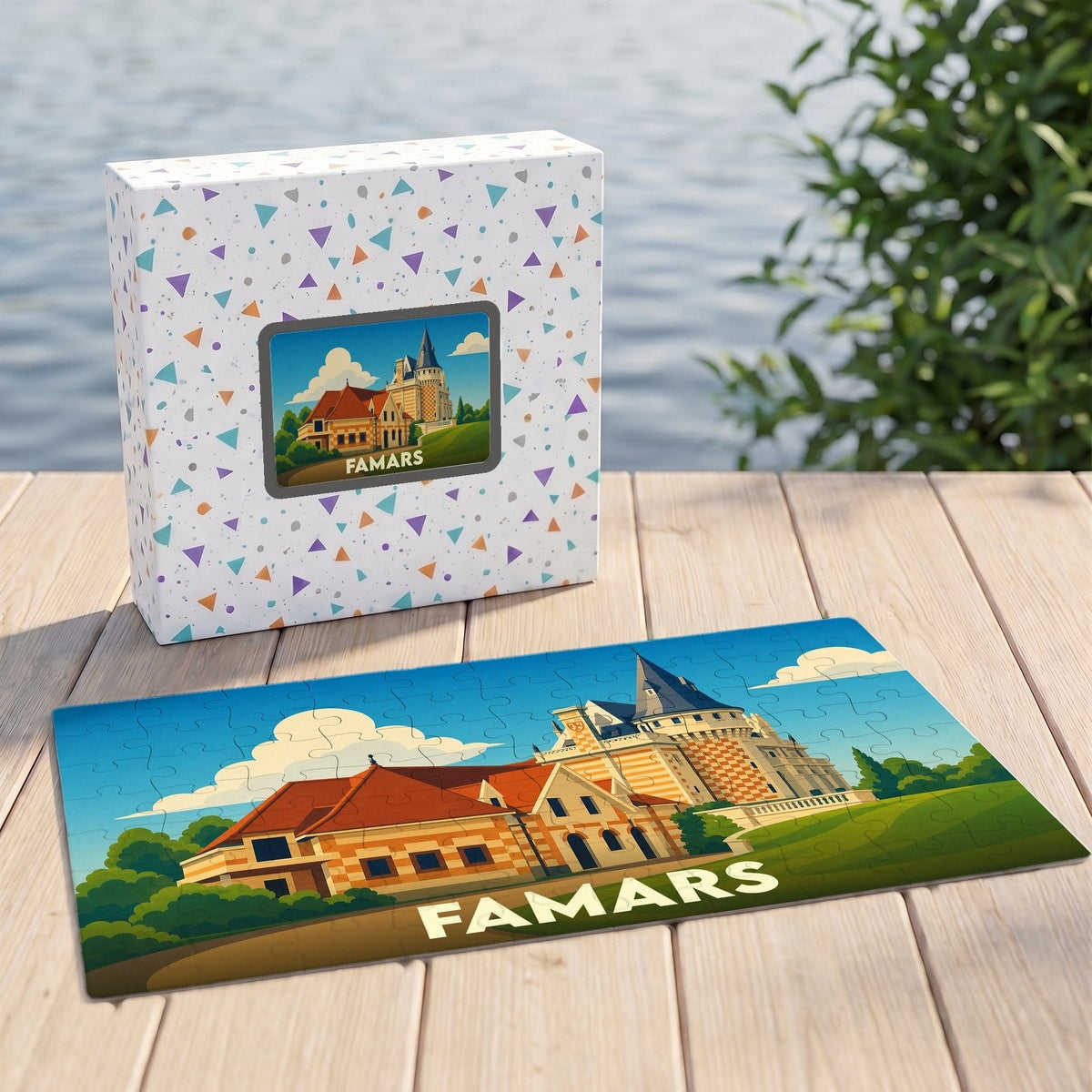 Puzzle souvenir de la ville de Famars avec une illustration stylisée d'un château.