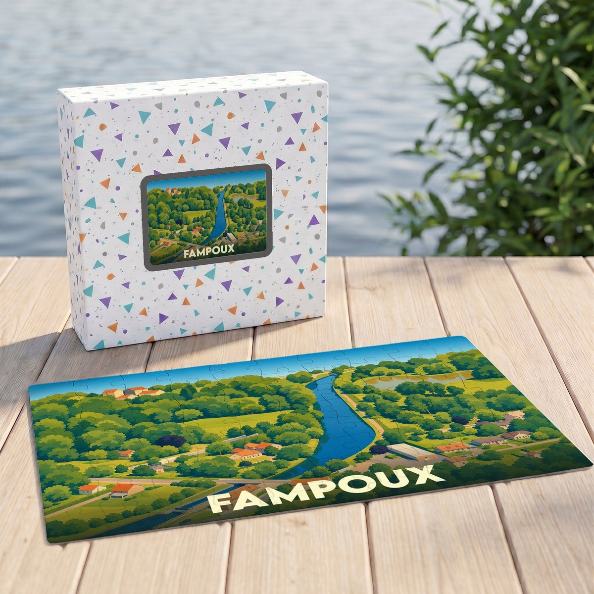 Puzzle souvenir de la ville de Fampoux avec une illustration stylisée et sa boîte assortie.