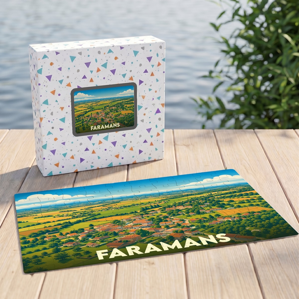 Puzzle souvenir de la ville de Faramans illustrant un paysage rural stylisé.
