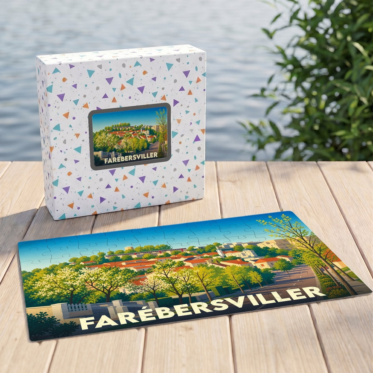 Puzzle souvenir de la ville de Farébersviller avec une illustration paysagère stylisée.