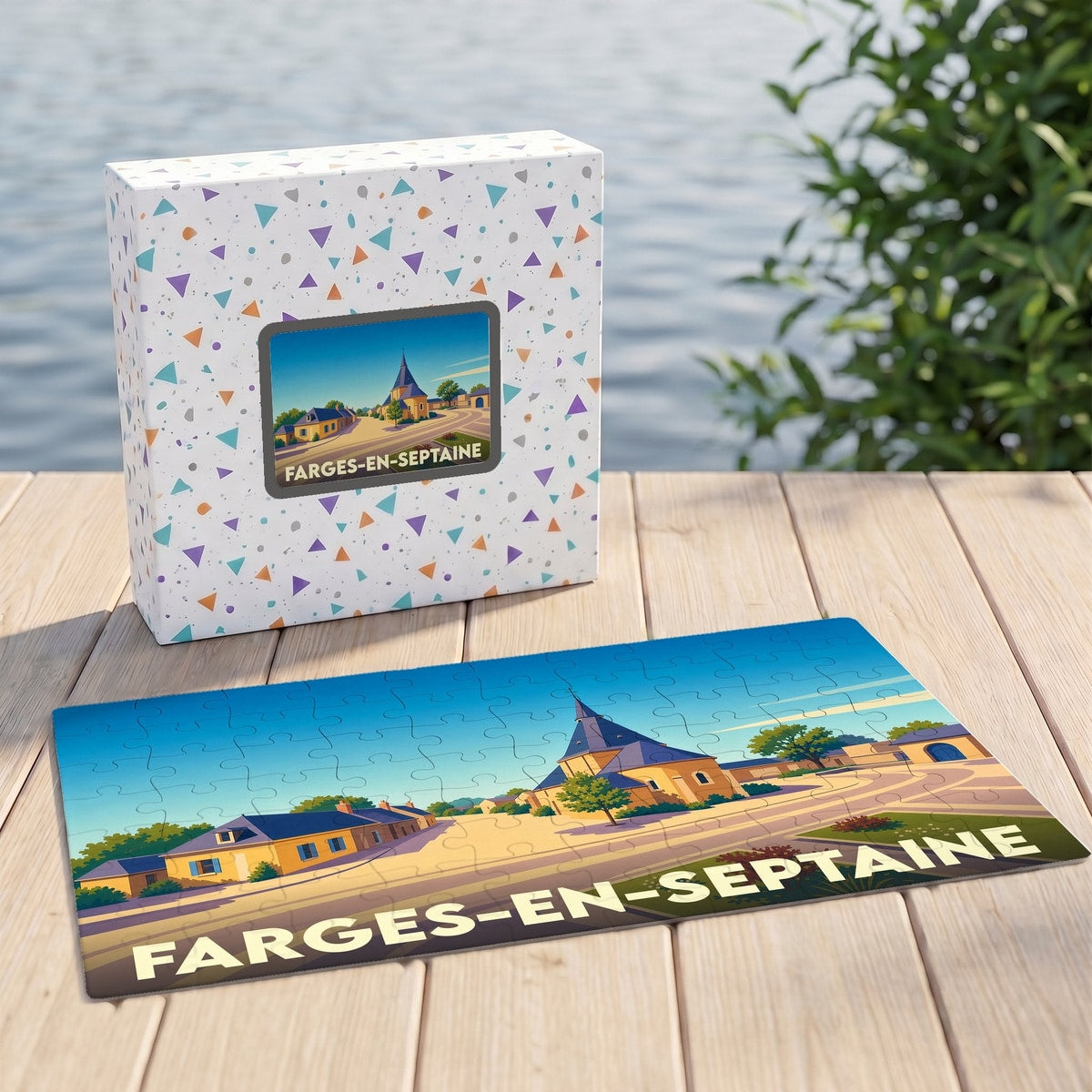 Puzzle souvenir de la ville de Farges-en-Septaine avec une illustration stylisée et colorée.