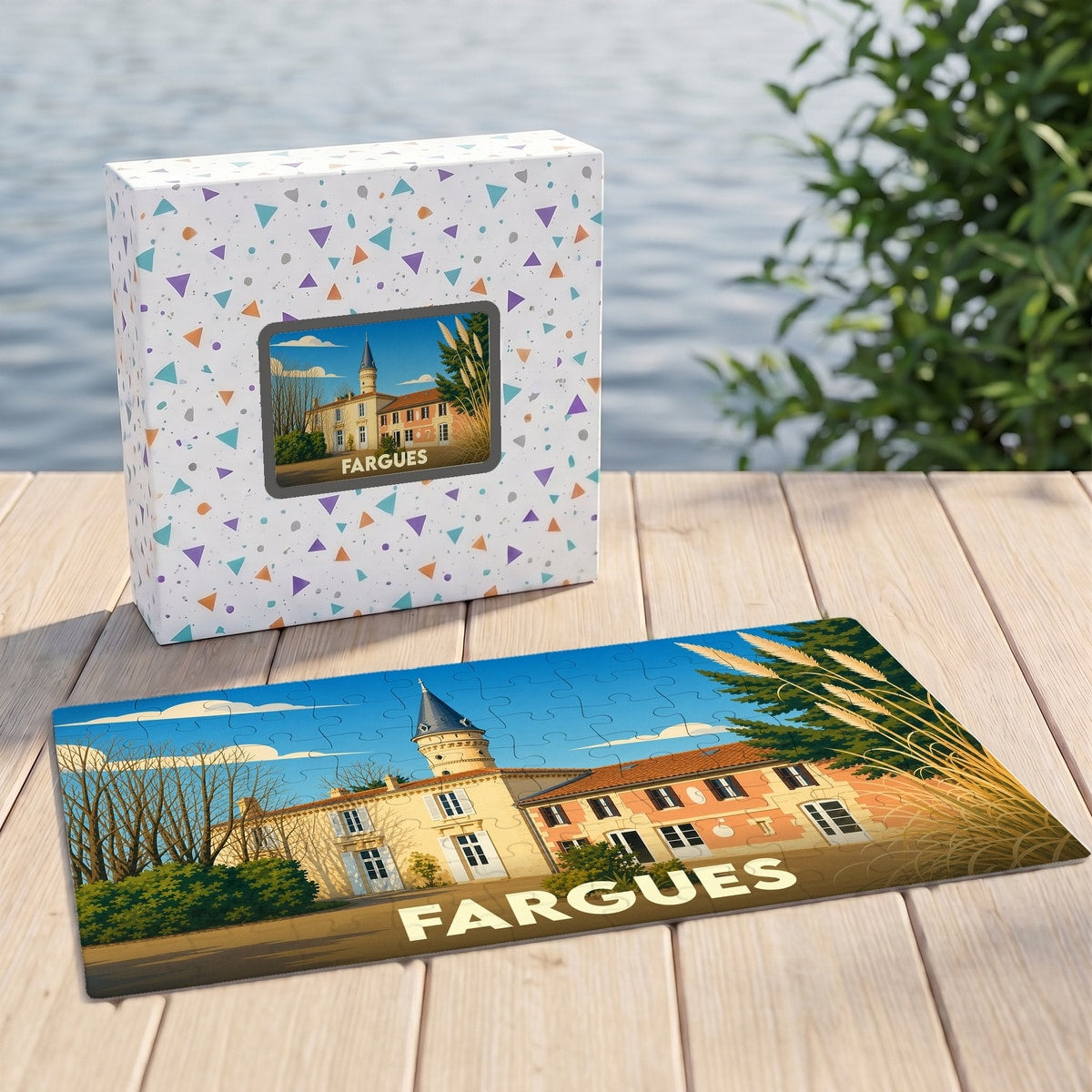 Puzzle souvenir de la ville de Fargues illustré d'un château de style vintage et sa boîte assortie.