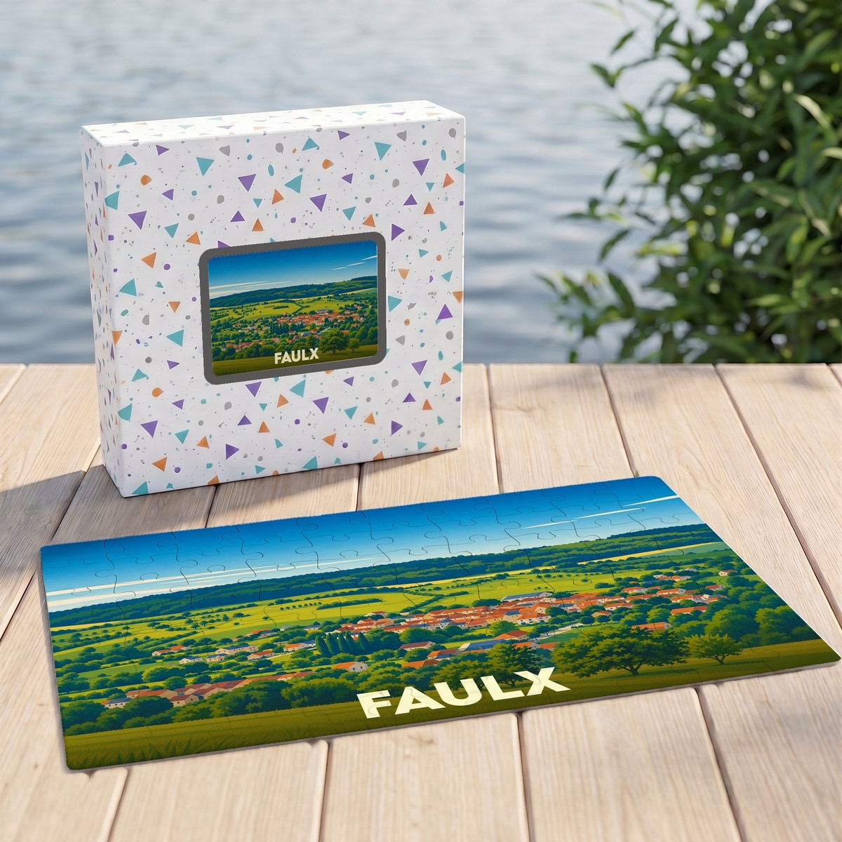 Puzzle souvenir de la ville de Faulx avec une illustration panoramique stylisée.
