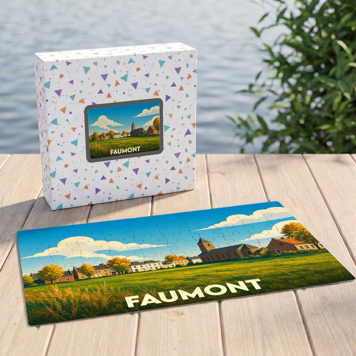 Puzzle souvenir de la ville de Faumont avec une illustration paysagère stylisée.
