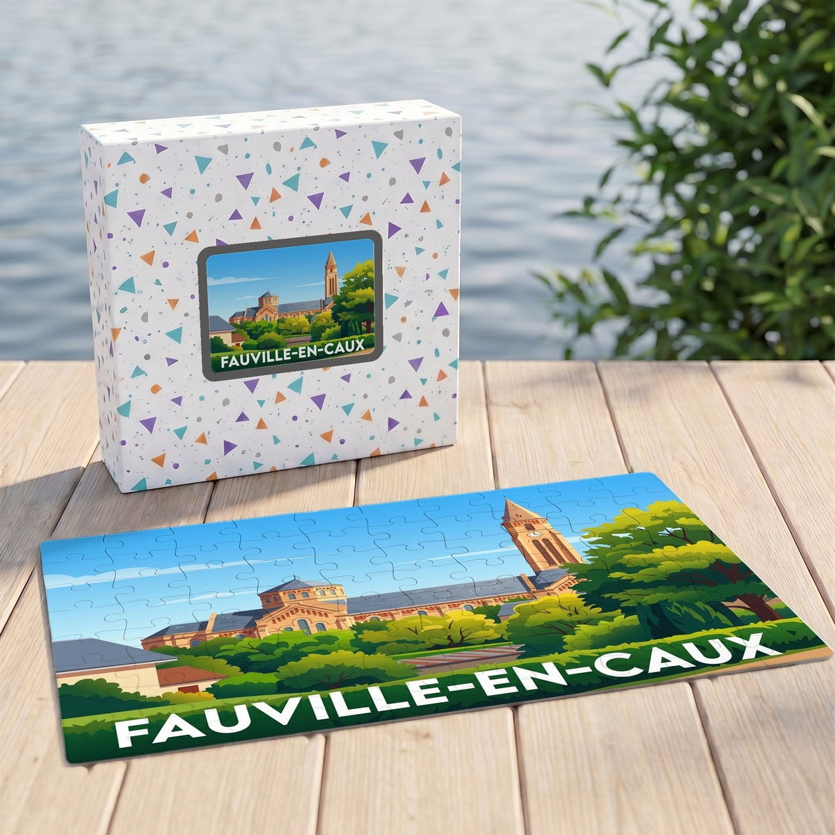 Puzzle souvenir de la ville de Fauville-en-Caux avec une illustration stylisée de son église et de son clocher.