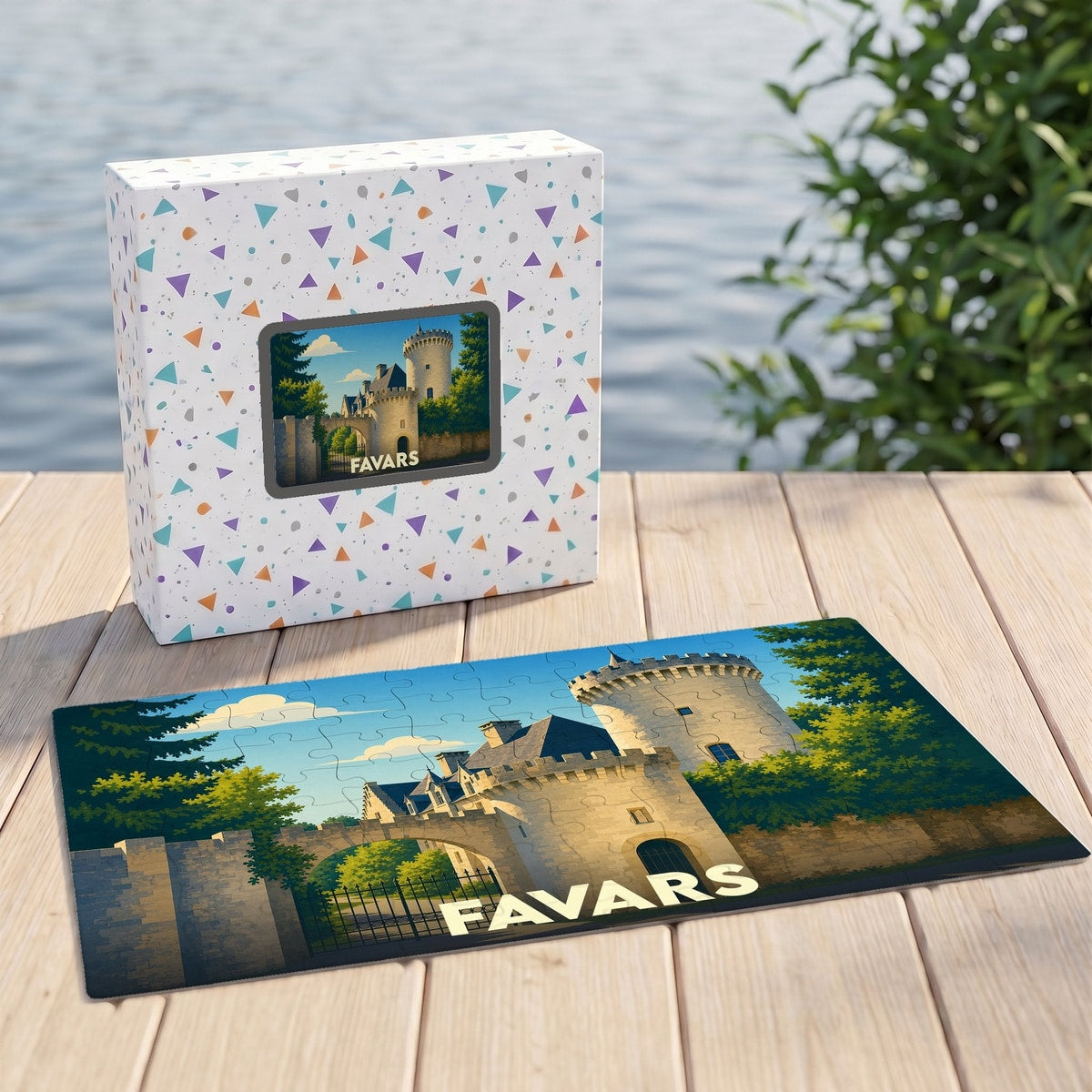 Puzzle souvenir de la ville de Favars avec une illustration stylisée d'un château.