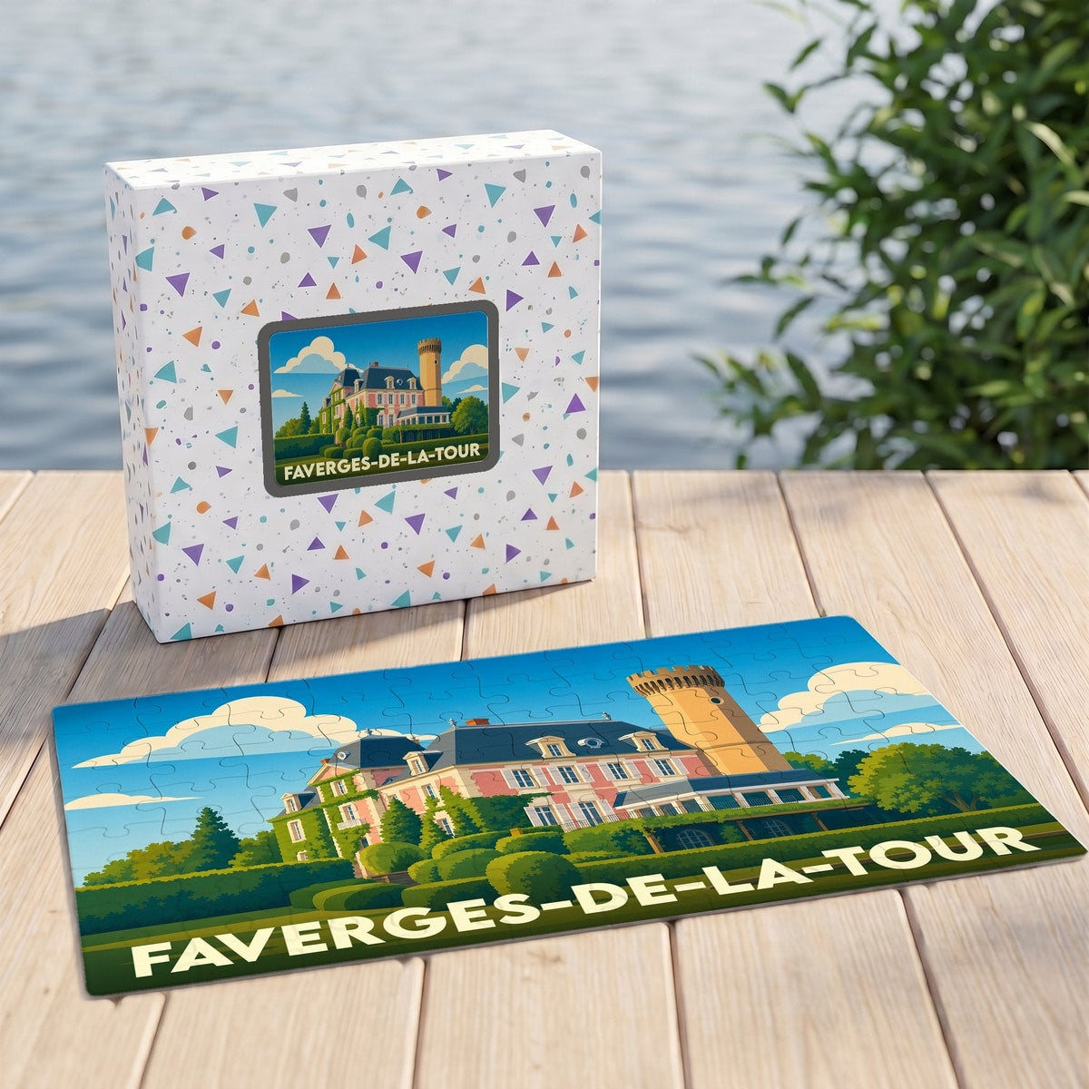 Puzzle souvenir de la commune de Faverges-de-la-Tour avec une illustration colorée de son château.