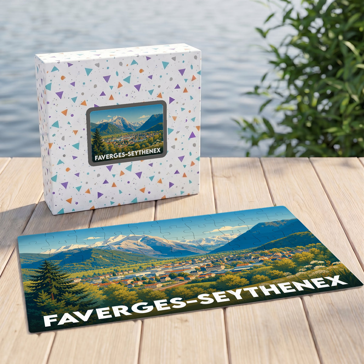 Puzzle souvenir de la ville de Faverges-Seythenex représentant un paysage montagneux stylisé.