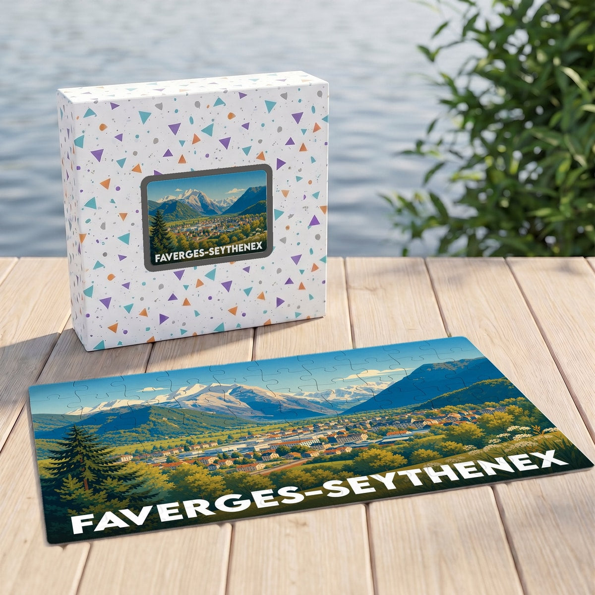 Puzzle souvenir de la ville de Faverges-Seythenex représentant un paysage montagneux stylisé.