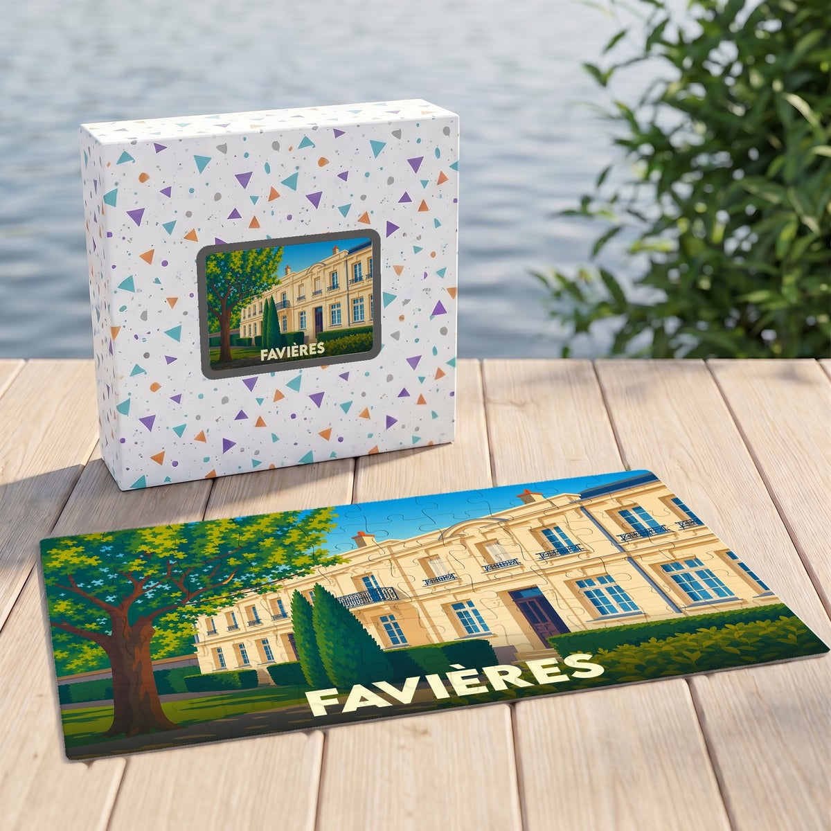Puzzle souvenir de la ville de Favières avec une illustration stylisée.