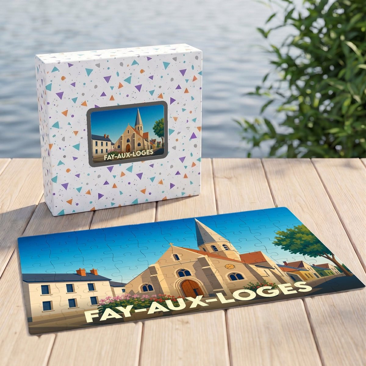 Puzzle souvenir de la ville de Fay-aux-Loges avec une illustration stylisée de son église.