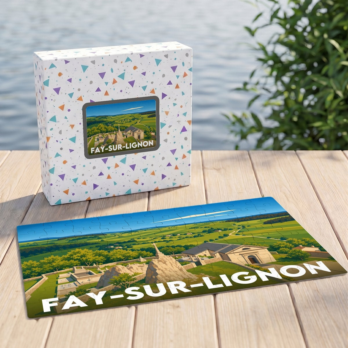 Puzzle souvenir de Fay-sur-Lignon arborant une illustration paysagère stylisée, présenté à côté de sa boîte sur un ponton en bois.