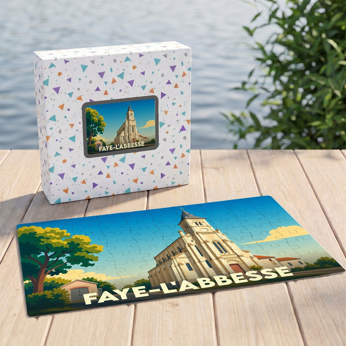 Puzzle souvenir de la ville de Faye-l'Abbesse illustré par un dessin stylisé de son église.