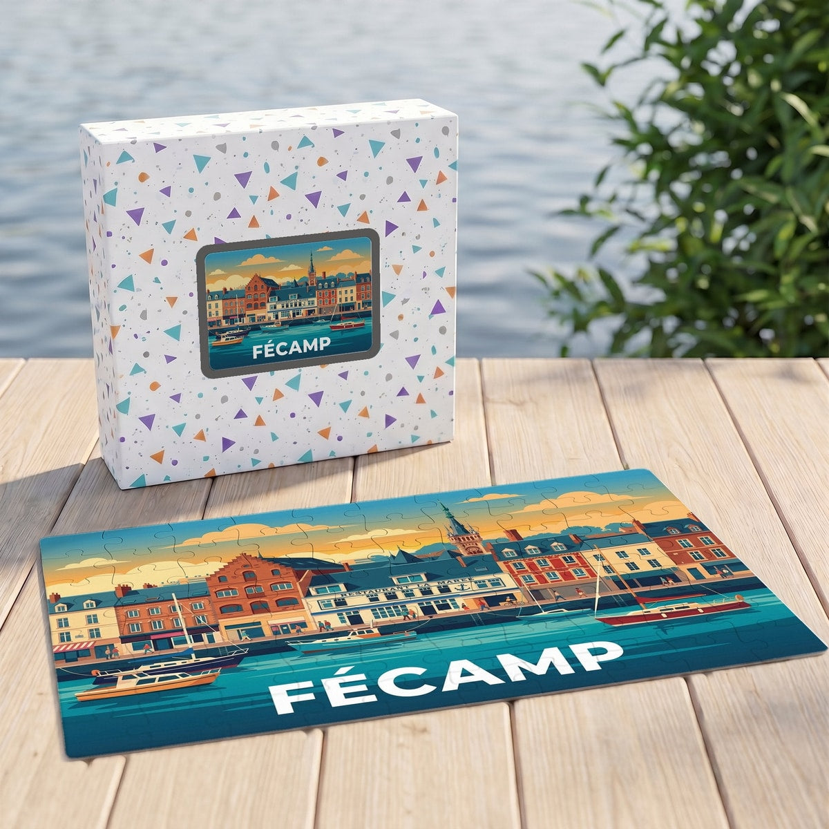 Puzzle souvenir de la ville de Fécamp avec une illustration stylisée d'un port au coucher du soleil.