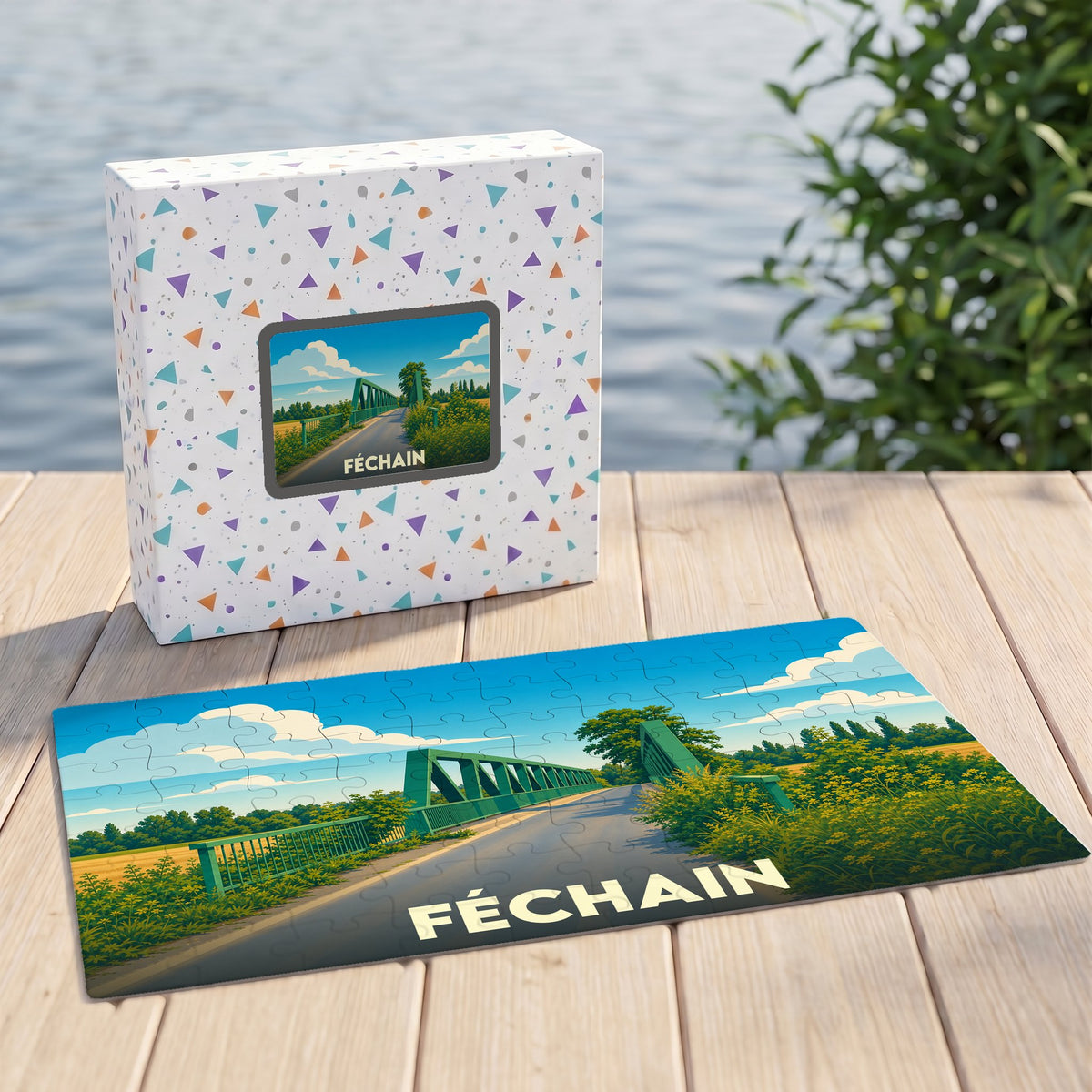 Puzzle souvenir de la ville de Féchain avec une illustration stylisée d'un pont verdoyant.