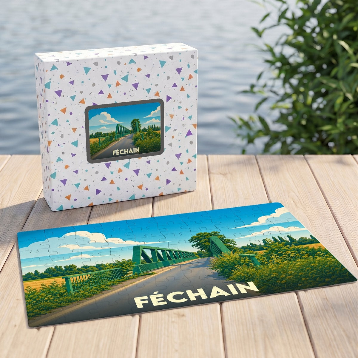 Puzzle souvenir de la ville de Féchain avec une illustration stylisée d'un pont verdoyant.