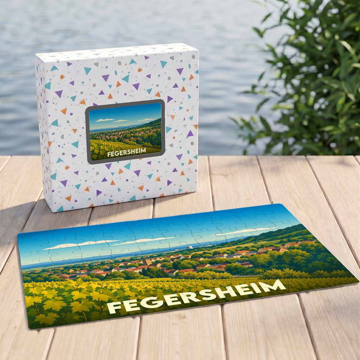 Puzzle souvenir de la ville de Fegersheim illustrant un paysage de vignobles et de maisons alsaciennes.