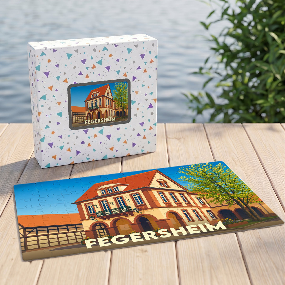 Puzzle souvenir de la ville de Fegersheim avec une illustration stylisée d'un bâtiment alsacien typique.