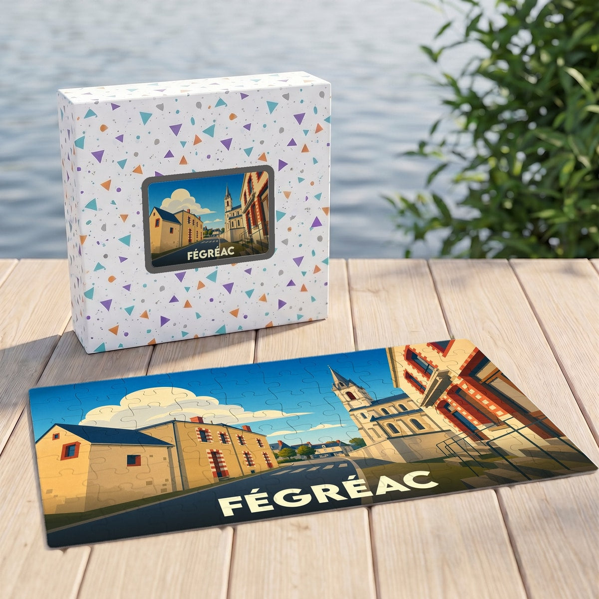 Puzzle souvenir de la ville de Fégréac avec une illustration stylisée d'un paysage urbain.