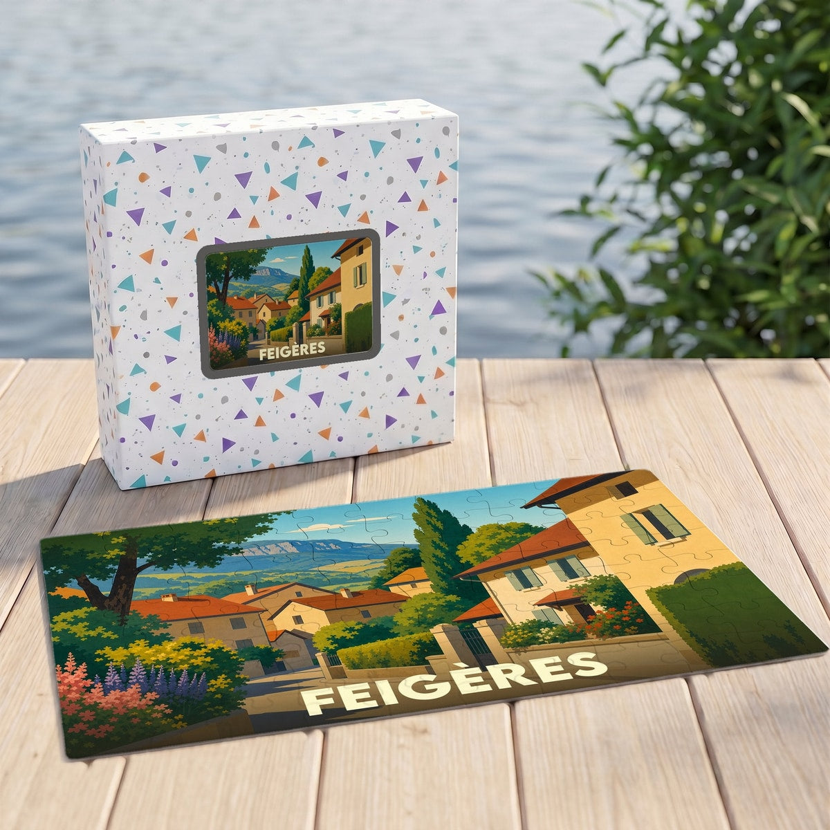 Puzzle souvenir de la ville de Feigères avec une illustration de paysage colorée.