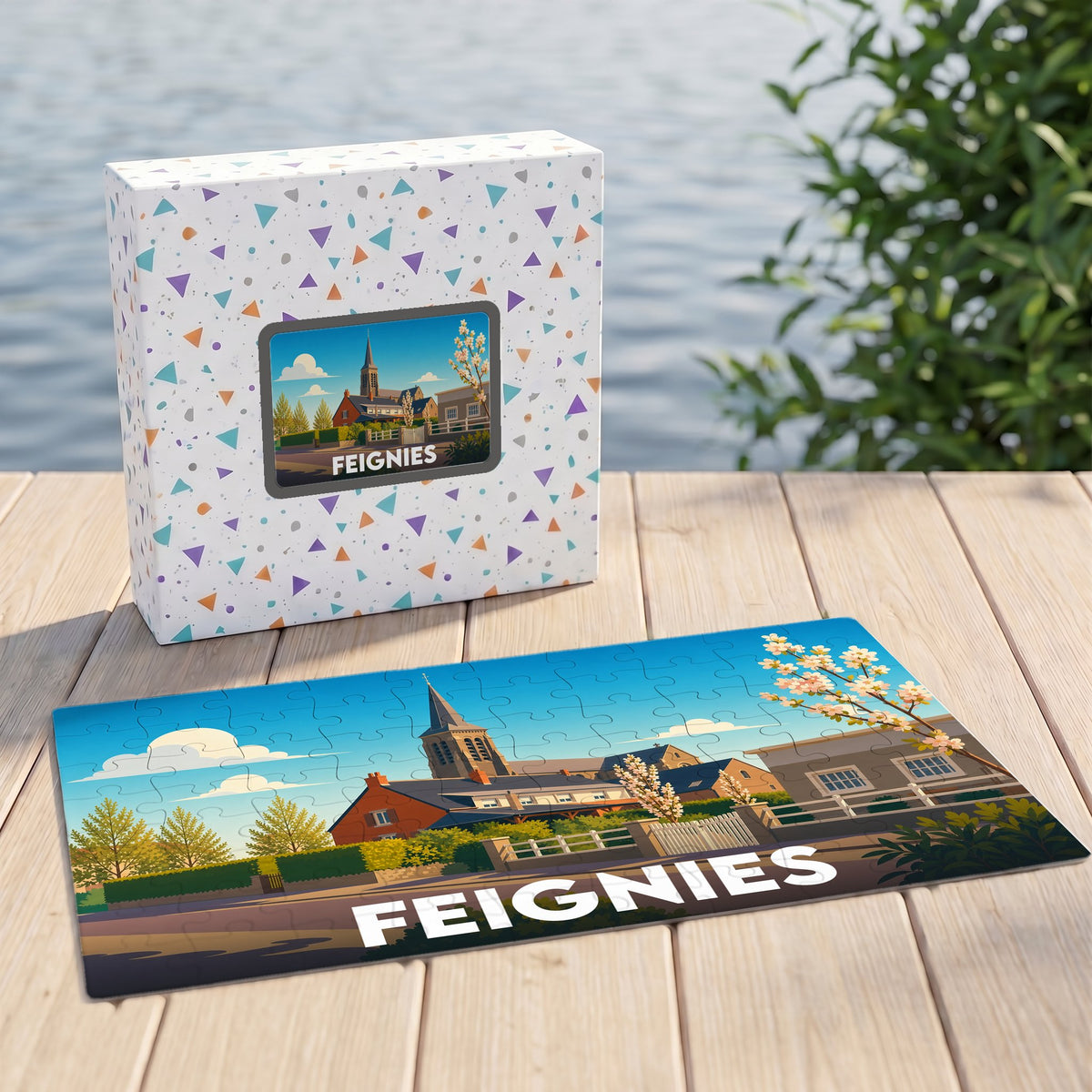 Puzzle souvenir de la ville de Feignies avec une illustration stylisée.