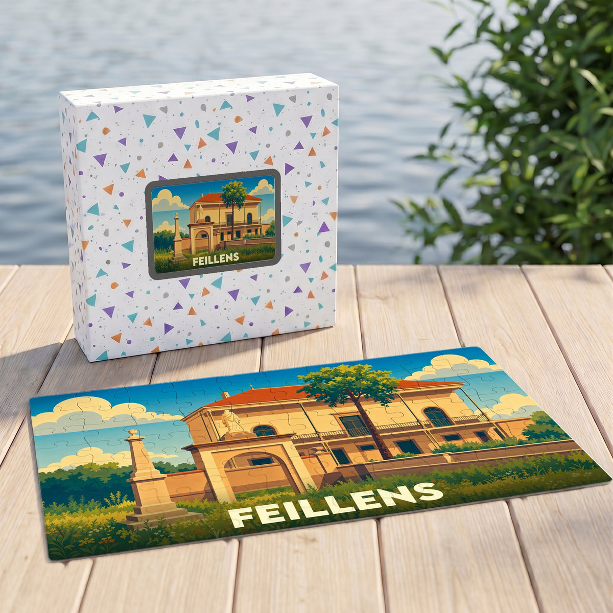 Puzzle souvenir de la ville de Feillens avec une illustration stylisée d'un bâtiment historique.