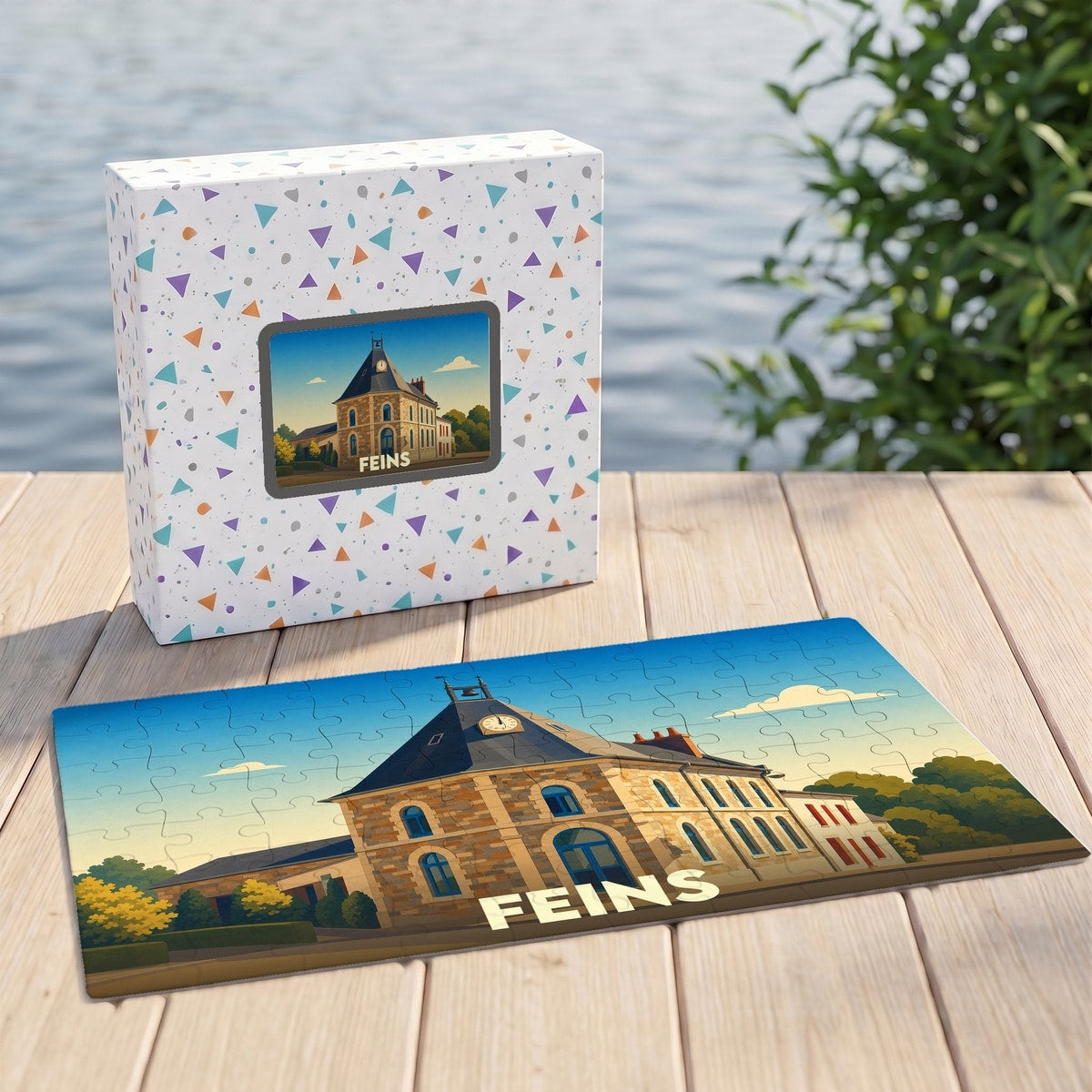 Puzzle souvenir de la ville de Feins avec une illustration stylisée de son hôtel de ville.