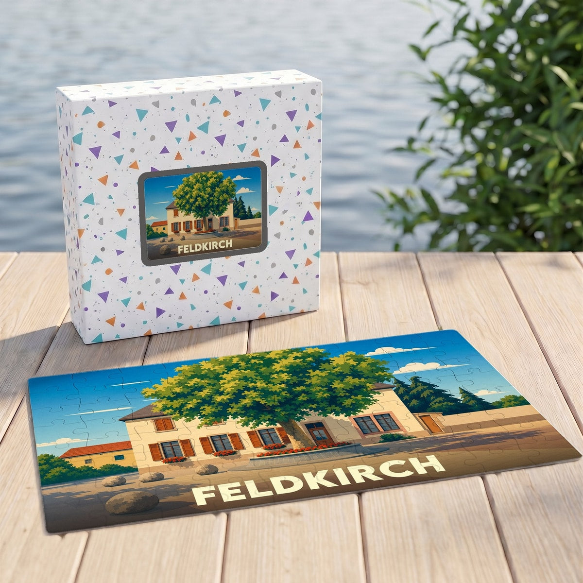 Puzzle souvenir de la ville de Feldkirch avec une illustration stylisée d'une maison sous un grand arbre.