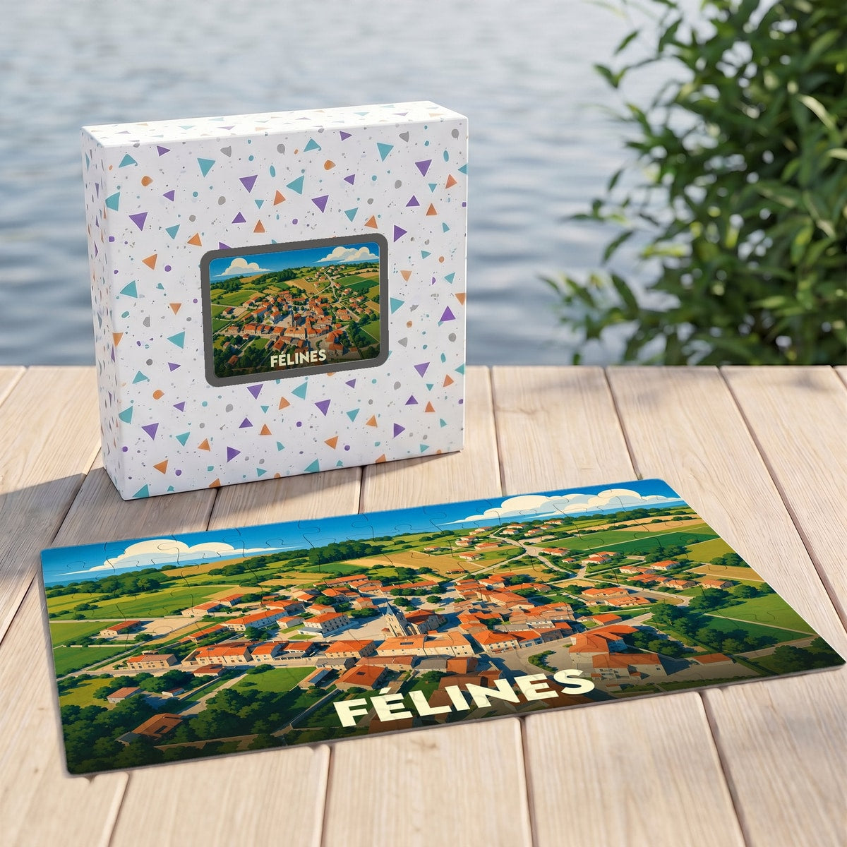 Puzzle souvenir de la ville de Félines avec une illustration stylisée d'une vue aérienne.