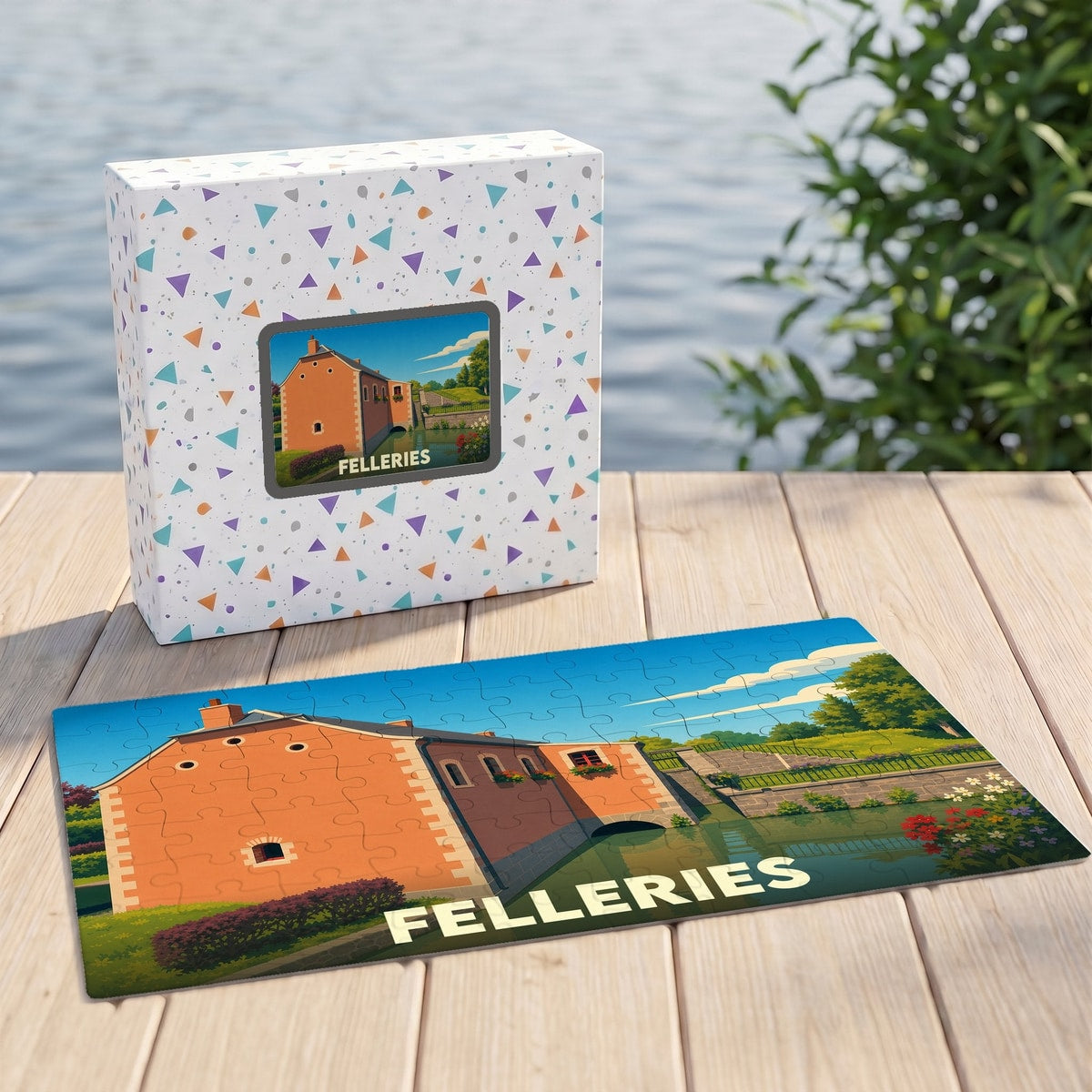 Puzzle souvenir de la ville de Felleries avec une illustration stylisée d'un moulin au bord de l'eau.