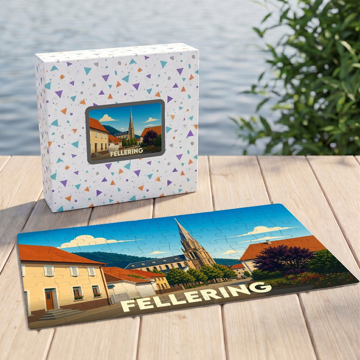 Puzzle souvenir de la ville de Fellering avec une illustration stylisée d'un paysage urbain.