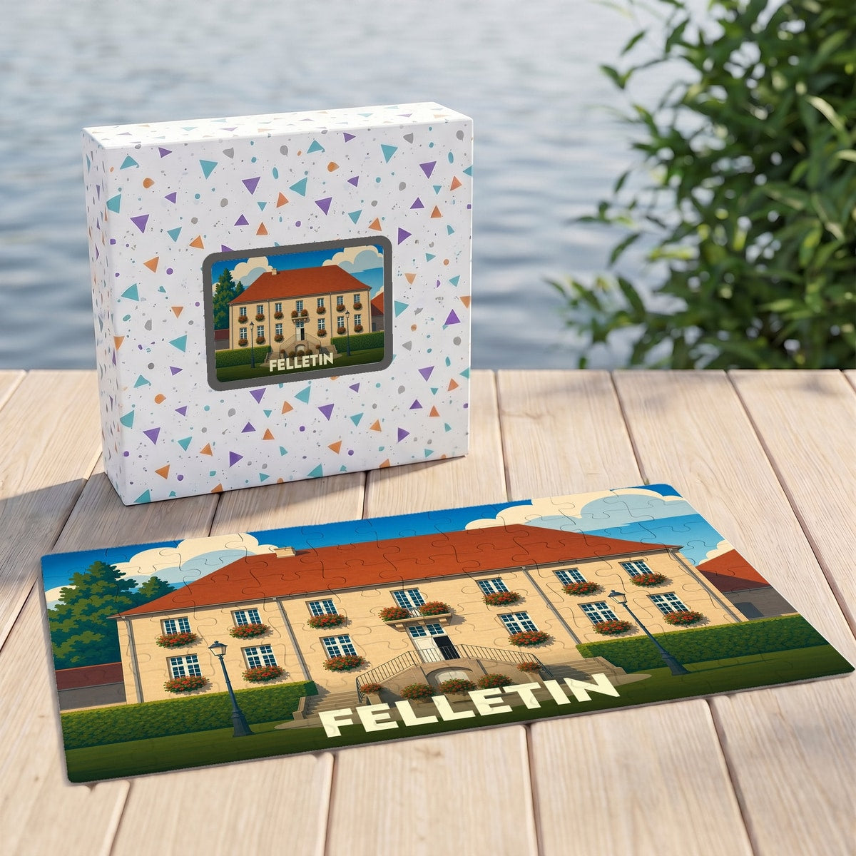 Puzzle souvenir de la ville de Felletin avec une illustration stylisée d'un bâtiment fleuri.